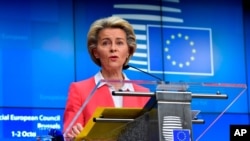 European Commission President Ursula von der Leyen speaks during a press conference at an EU summit in Brussels, Oct. 2, 2020. 