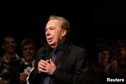 Andrew Lloyd Webber speaks after the final performance of the Phantom of the Opera, which closes after 35 years on Broadway, in New York City, U.S., April 16, 2023. (REUTERS/Caitlin Ochs)