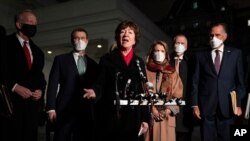 Sen. Susan Collins, R-Maine, speaks after meeting President Joe Biden and Vice President Kamala Harris to discuss a coronavirus relief package, in the Oval Office of the White House, Feb. 1, 2021, in Washington. 