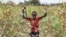 A farmer's son raises his arms as he is surrounded by desert locusts while trying to chase them away from his crops, in Katitika village, Kitui county, Kenya, Jan. 24, 2020.