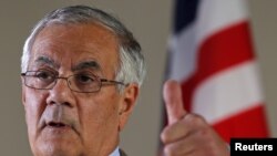 Rep. Barney Frank (D-MA) gestures while speaking at a news conference in Newton, Massachusetts, November 28, 2011.