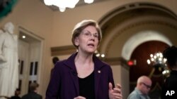 미국 대선 민주당 경선 후보인 엘리자베스 워런 상원의원이 지난 27일 의회에서 기자들의 질문에 답하고 있다. 