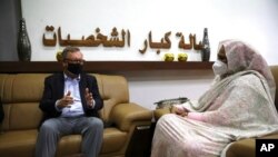 U.S. Special Envoy for the Horn of Africa Jeffrey Feltman, left, meets with Sudanese Foreign Minister Maryam al-Sadiq al-Mahdi in Khartoum, Sudan, May 7, 2021.