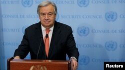 Sekjen PBB, Antonio Guterrs, berbicara menanggapi pidato Presiden AS Donald Trump yang mengakui Yerusalem sebagai ibukota Israel di New York, 6 Desember 2017 (foto: REUTERS/Lucas Jackson)