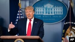 President Donald Trump speaks during a news briefing at the White House, in Washington, July 2, 2020.