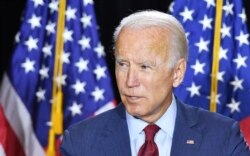 Democratic presidential nominee, former Vice President Joe Biden, speaks to the press after receiving a briefing on COVID-19 in Wilmington, Delaware, on Aug. 13, 2020.