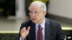 FILE - U.S. Attorney General Jeff Sessions speaks to members of the Indianapolis Ten Point Coalition, Nov. 6, 2017, in Indianapolis, Indiana. 