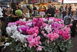 A florist sells flowers to a customer in a lead-up to Mother's Day in Melbourne, May 8, 2020.