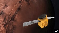 This June 1, 2020, rendering provided by Mohammed Bin Rashid Space Centre shows the Hope probe. The U.S., China and the United Arab Emirates are sending spacecraft to Mars in quick succession beginning this week.