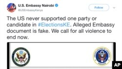 FILE - This Tweet from the U.S. Embassy in Nairobi from Aug. 14, 2017, calls out a alleged embassy document as being fake news. (U.S. Embassy Nairobi/Twitter via AP)