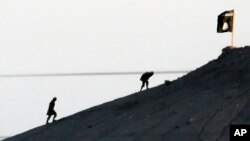 Militants with the Islamic State group are seen after placing their group's flag on a hilltop at the eastern side of the town of Kobani, Syria.