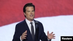 Anggota Kongres AS Matt Gaetz saat berbicara dalam konvensi nasional Partai Republik di Milwaukee, Wisconsin, pada 17 Juli 2024. (Foto: Reuters/Mike Segar)