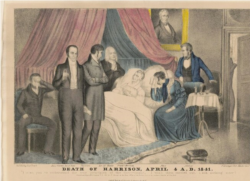 President William Henry Harrison on his deathbed with a physician and his niece and nephew, Treasury Secretary Thomas Ewing, Secretary of State Daniel Webster and Postmaster General Francis Granger (at the door). (Currier and Ives circa April 1841)