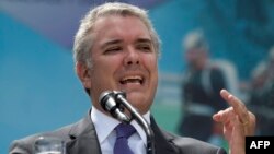  Colombian President Ivan Duque speaks during a ceremony for the recognition of command of the Military Forces at the Jose Maria Cordova Military School in Bogota, Dec. 17, 2018. 