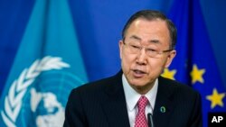 United Nations Secretary-General Ban Ki-moon addresses the media at the European Commission headquarters in Brussels, Belgium, April 2, 2014. 
