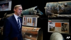 Brian Hook, U.S. special representative for Iran, walks past fragments of Iranian short range ballistic missiles (Qiam) at the Iranian Materiel Display (IMD) at Joint Base Anacostia-Bolling, in Washington, Nov. 29, 2018.