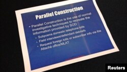 A slide from a presentation about a secretive information-sharing program run by the U.S. Drug Enforcement Administration's Special Operations Division (SOD) is seen in this undated photo.