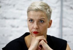 Politician and representative of the Coordination Council for members of the Belarusian opposition Maria Kolesnikova attends a news conference in Minsk, Belarus, Aug. 24, 2020.