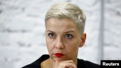 Politician and representative of the Coordination Council for members of the Belarusian opposition Maria Kolesnikova attends a news conference in Minsk, Belarus, Aug. 24, 2020.