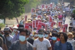 Anti-coup protesters march in Sagaing, Sagaing region, Myanmar, March 20, 2021. (Credit: Citizen journalist via VOA's Burmese Service)