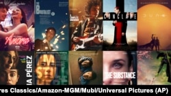 Kombionasi poster dari sejumlah film yang masuk dalam nominasi Film terbaik dalam ajang Academy Awards ke-97. (Foto: Neon/A24/Searchlight Pictures/Focus Features/Warner Bros. Pictures/Netflix/Sony Pictures Classics/Amazon-MGM/Mubi/Universal Pictures via AP)