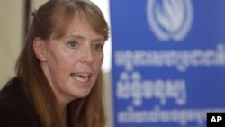 UN Special Rapporteur on the Situation of Human Rights in Cambodia Rhona Smith speaks during a press conference at her main office in Phnom Penh, Cambodia, Wednesday, Oct. 19, 2016. 