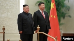 中国国家主席习近平在北京与朝鲜领导人金正恩见面。（2019年1月10日朝鲜朝中社发布）