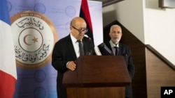 French Minister of Foreign Affairs Jean-Yves Le Drian with the Libyan Minister of Foreign Affairs Mohammed Siala during a press conference at the Prime Minister Building, Tripoli, Libya, Sept. 4, 2017.
