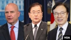 허버트 맥매스터 미국 백악관 국가안보보좌관(왼쪽부터)과 정의용 한국 청와대 국가안보실장, 야치 쇼타로 일본 국가안보국장.
