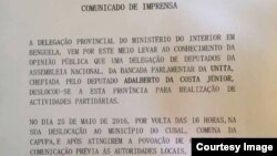 Comunicado Ministerio Interior Delegacao Benguela - ataque UNITA