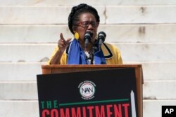 FILE - Representative Sheila Jackson Lee of Texas speaks during the March on Washington at the Lincoln Memorial in Washington, Aug. 28, 2020.