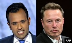 도널드 트럼프 미국 대통령 당선인이 차기 행정부 정보효율부 수장에 지명한 일론 머스크 테슬라 최고경영자(오른쪽)와 비벡 라마스와미 전 공화당 대선 경선 후보.