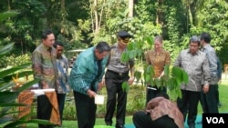 Presiden Susilo Bambang Yudhoyono menanam pohon meranti di Kampus CIFOR, Bogor, Jawa Barat, Rabu (13/6). Penanaman pohon tersebut sebagai upaya penghijauan sekaligus menyambut Konferensi Tingkat Tinggi Bumi yang akan berlangsung di Brazil (foto: Alina Mah