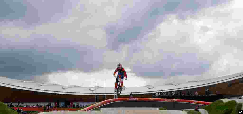 Laura Smulders of the Netherlands competes in the BMX cycling seeding run.