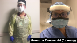 นีรนันท์ ธรรมศิริ ผู้ช่วยแพทย์ผ่าตัด และ สิรภพ ไชยพันธุ์ ผู้ช่วยพยาบาลชาวไทย สวมชุดป้องกันในแผนกผู้ป่วยโควิด-19 ในศูนย์การแพทย์ที่ มอนต์กอเมอรี (Montgomery) ในรัฐแมรีแลนด์