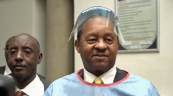 Health Minister Obediah Moyo speaking to journalists in Harare, March 5, 2020, after Zimbabwe received some equipment from the World Health Organization to fight COVID19. (Columbus Mavhunga/VOA)