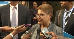 FILE - U.S. Representative Karen Bass, D-Calif., is pictured after meeting with refugees, July 1, 2019. (Moki Kindzeka/VOA)