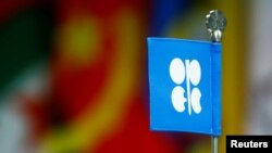 FILE - A flag with the Organization of the Petroleum Exporting Countries (OPEC) logo is seen during a meeting of the Organization of the Petroleum Exporting Countries (OPEC) and non-OPEC producing countries in Vienna, Austria.