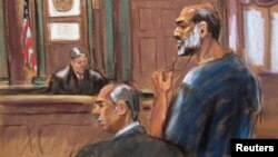 An artist sketch shows Suleiman Abu Ghaith, a militant who appeared in videos as a spokesman for al Qaeda after the September 11, 2001 attacks, appearing at the U.S. District Court in Manhattan, March 8, 2013.
