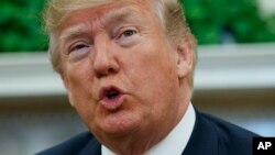 FILE - U.S. President Donald Trump talks with reporters in the Oval Office of the White House, March 15, 2018.