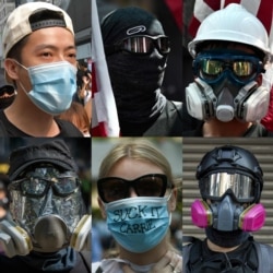 FILE - This combination of pictures created Oct. 4, 2019, shows protesters wearing face masks during demonstrations in Hong Kong.