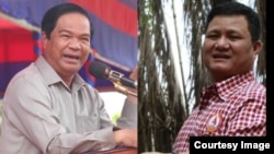 លោកនាយ​​ឧត្តម​សេនីយ៍ គន់ គីម (ឆ្វេង) ទេស​រដ្ឋមន្ដ្រី​ទទួល​បន្ទុក​បេសកកម្ម​ពិសេស និងឧកញ៉ា ទ្រី ភាព (ស្តាំ)។ (អូន ឆេងប៉រ/VOA និង Courtesy photo: Globalwitness.org)