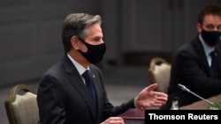 토니 블링컨 미 국무장관이 영국에서 열린 주요 7개국(G7) 외무장관 회의에서 연설하고 있다. 