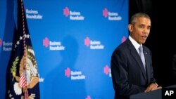 President Barack Obama speaks to business leaders at the quarterly meeting of the Business Roundtable in Washington, Sept. 16, 2015.