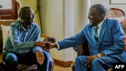 Le président zimbabwéen Emmerson Mnangagwa, à droite, rend visite au leader du Mouvement pour le changement démocratique (MDC), le principal parti d'opposition du pays, Morgan Tsvangirai, malade d'un cancer, à Harare, 5 janvier 2018.