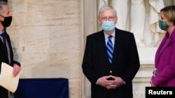 Senate Majority Leader Mitch McConnell (R-KY) participates in a walk-through of Joe Biden's presidential inauguration events at the U.S. Capitol in Washington, Jan. 19, 2021.