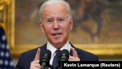 조 바이든 미국 대통령이 18일 백악관에서 우크라이나 사태에 관해 연설했다.