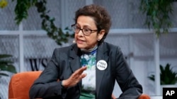 FILE - Irene Khan, United Nations special rapporteur on freedom of expression and opinion, speaks during a panel discussion on the importance of free and safe global reporting, in New York, May 3, 2023.