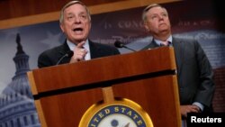 U.S. Senator Richard Durbin (D-IL) and Senator Lindsey Graham (R-SC) speak about proposed legislation to deal with Deferred Action for Childhood Arrivals (DACA) at the U.S. Capitol in Washington, U.S. Sept. 5, 2017. 