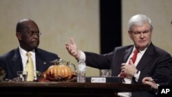 Republican presidential candidate former House Speaker Newt Gingrich speaks during the Thanksgiving Family Forum sponsored by The Family Leader as former CEO of Godfather's Pizza Herman Cain looks on, in Des Moines, Iowa, November 19, 2011.